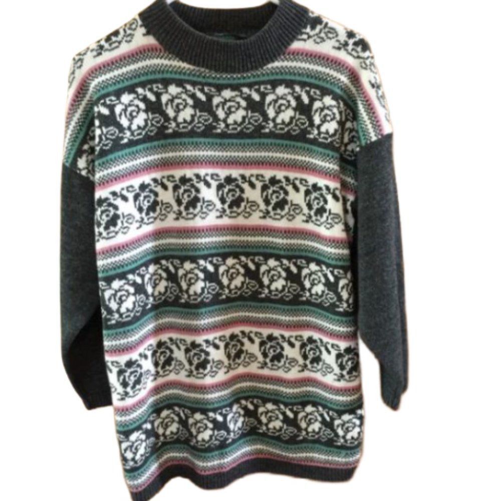 Dana Scott Vintage Gray Rose Fair Isle Long Sleeve Mock Neck Pullover Sweater M